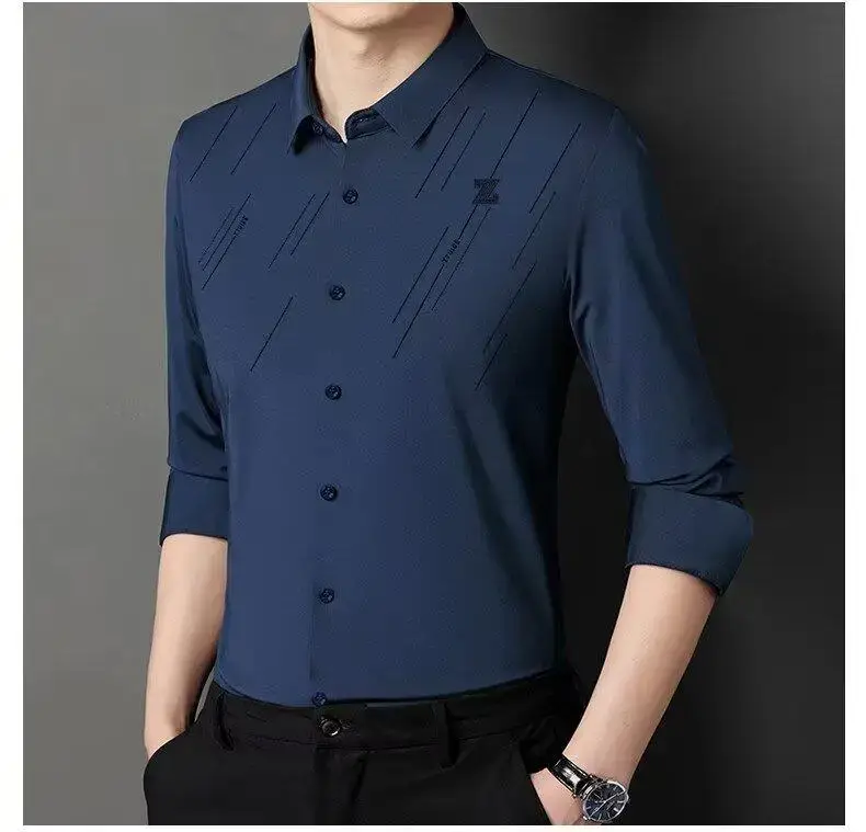 Men Navy Blue Long Sleeve Button Shirt 2024 — feature 7