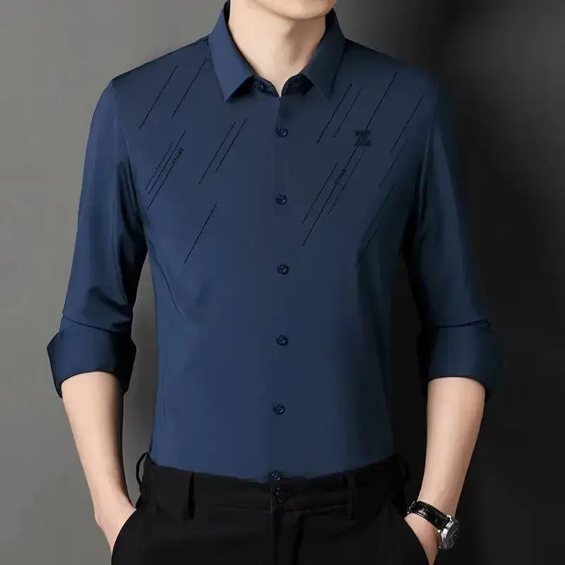 Men Navy Blue Long Sleeve Button Shirt 2024 — feature 9