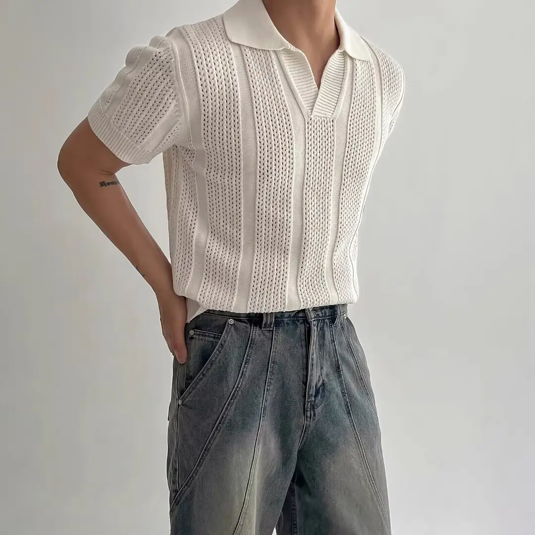 Men Navy Knit Hollow Polo Shirt Half Sleeve - Image 4