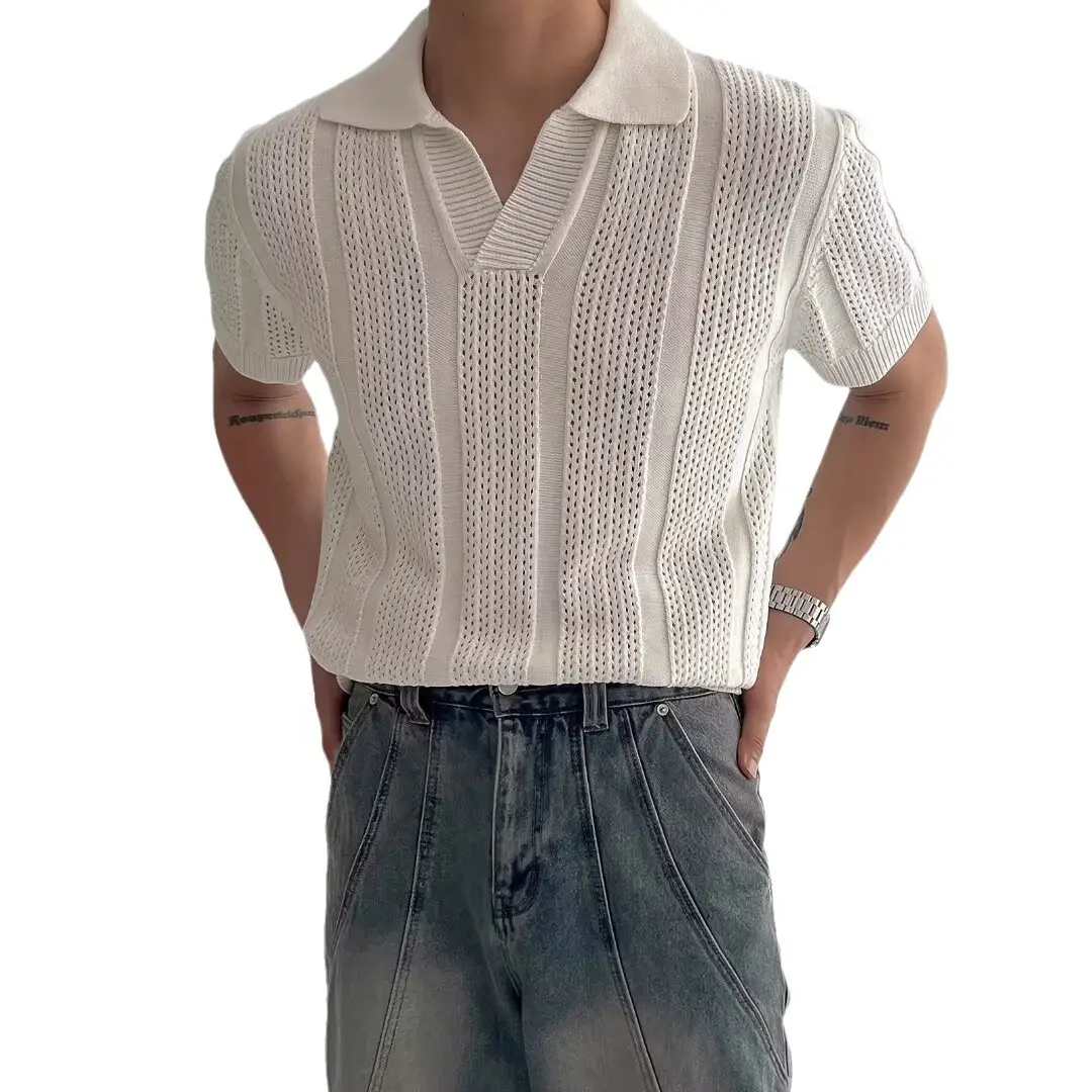 Men Navy Knit Hollow Polo Shirt Half Sleeve - Image 6