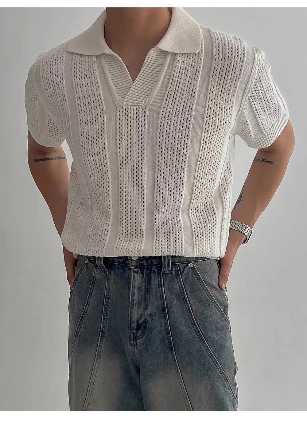 Men Navy Knit Hollow Polo Shirt Half Sleeve — feature 1