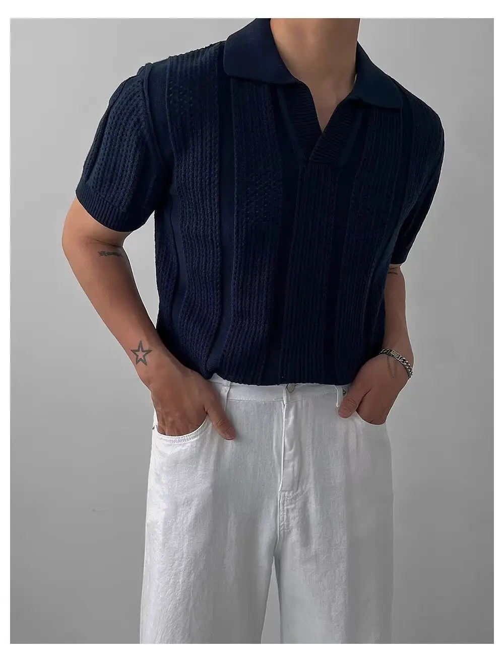 Men Navy Knit Hollow Polo Shirt Half Sleeve — feature 10