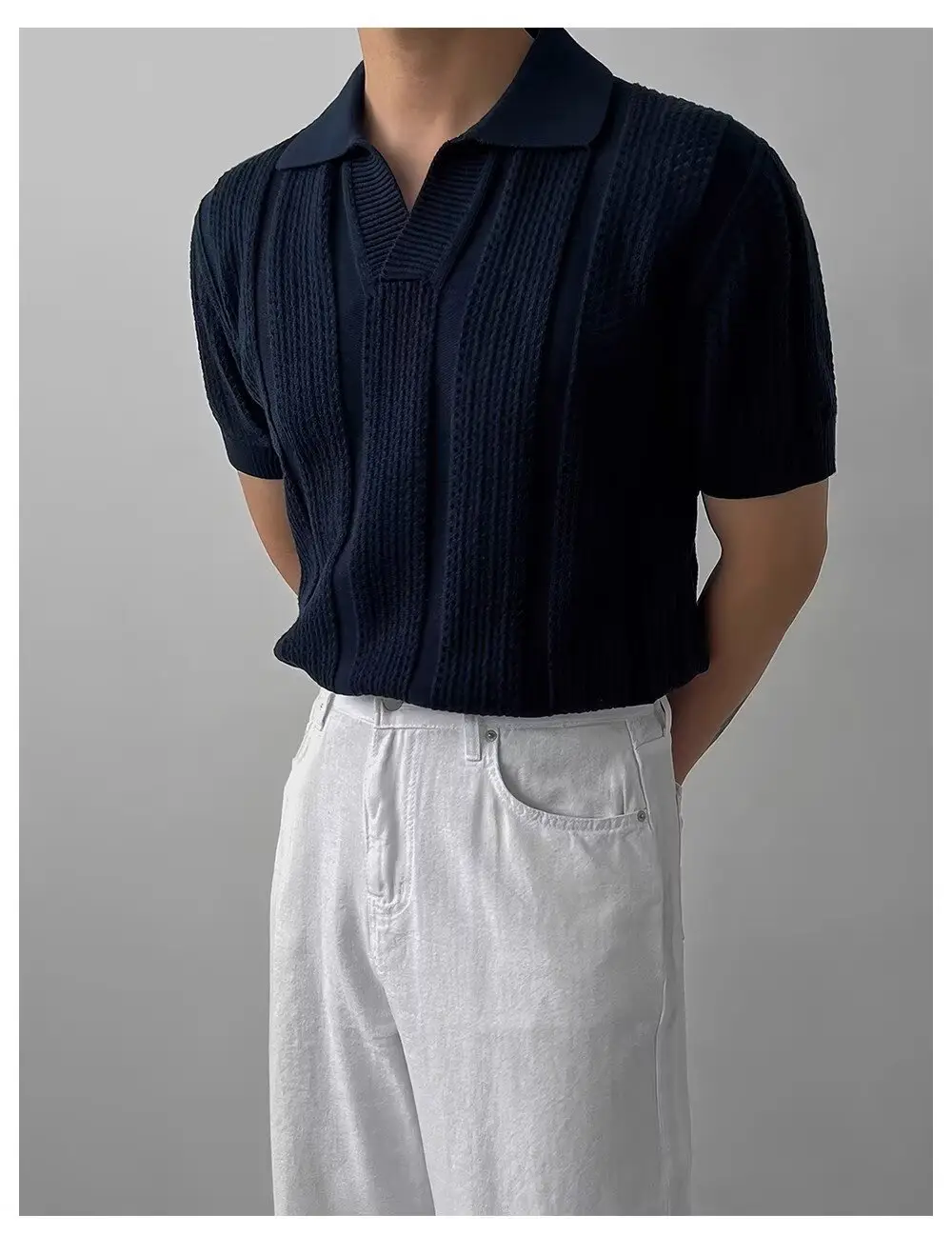 Men Navy Knit Hollow Polo Shirt Half Sleeve — feature 11