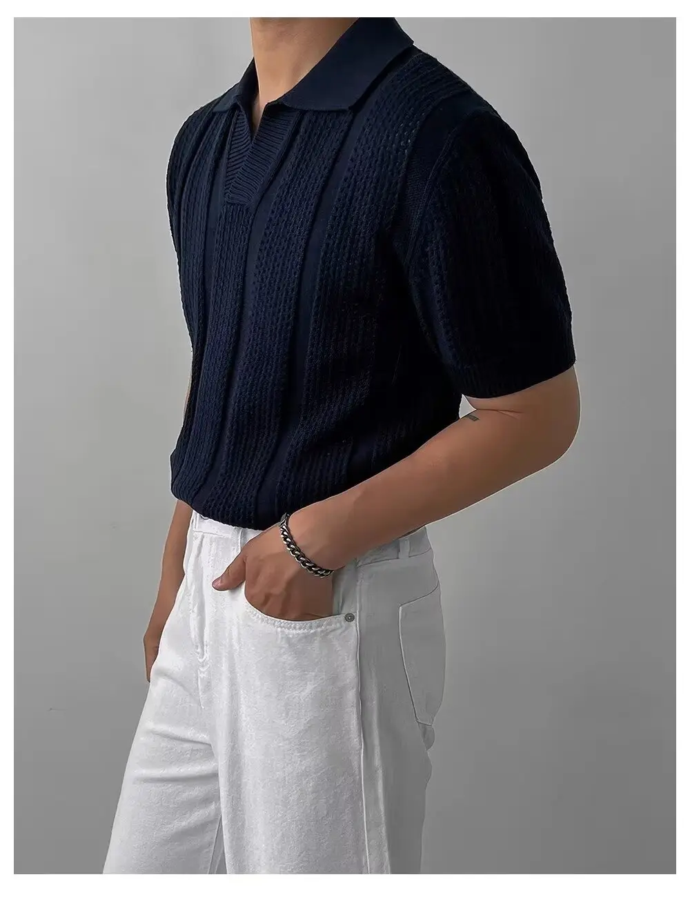 Men Navy Knit Hollow Polo Shirt Half Sleeve — feature 12