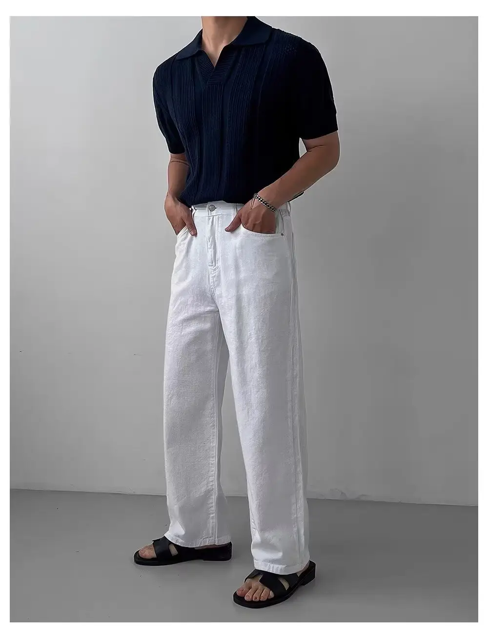 Men Navy Knit Hollow Polo Shirt Half Sleeve — feature 13