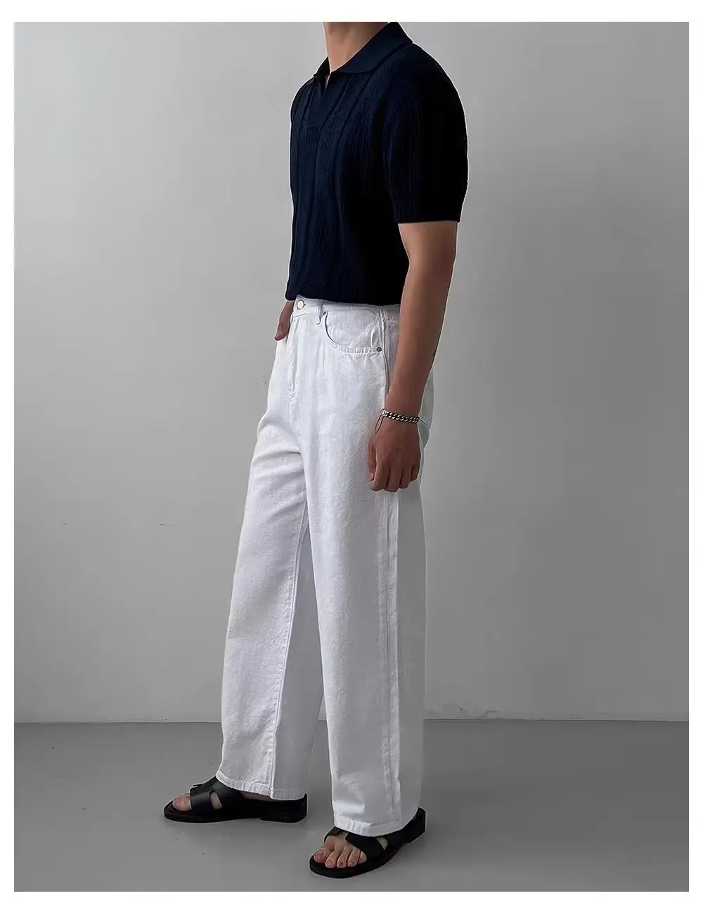 Men Navy Knit Hollow Polo Shirt Half Sleeve — feature 14