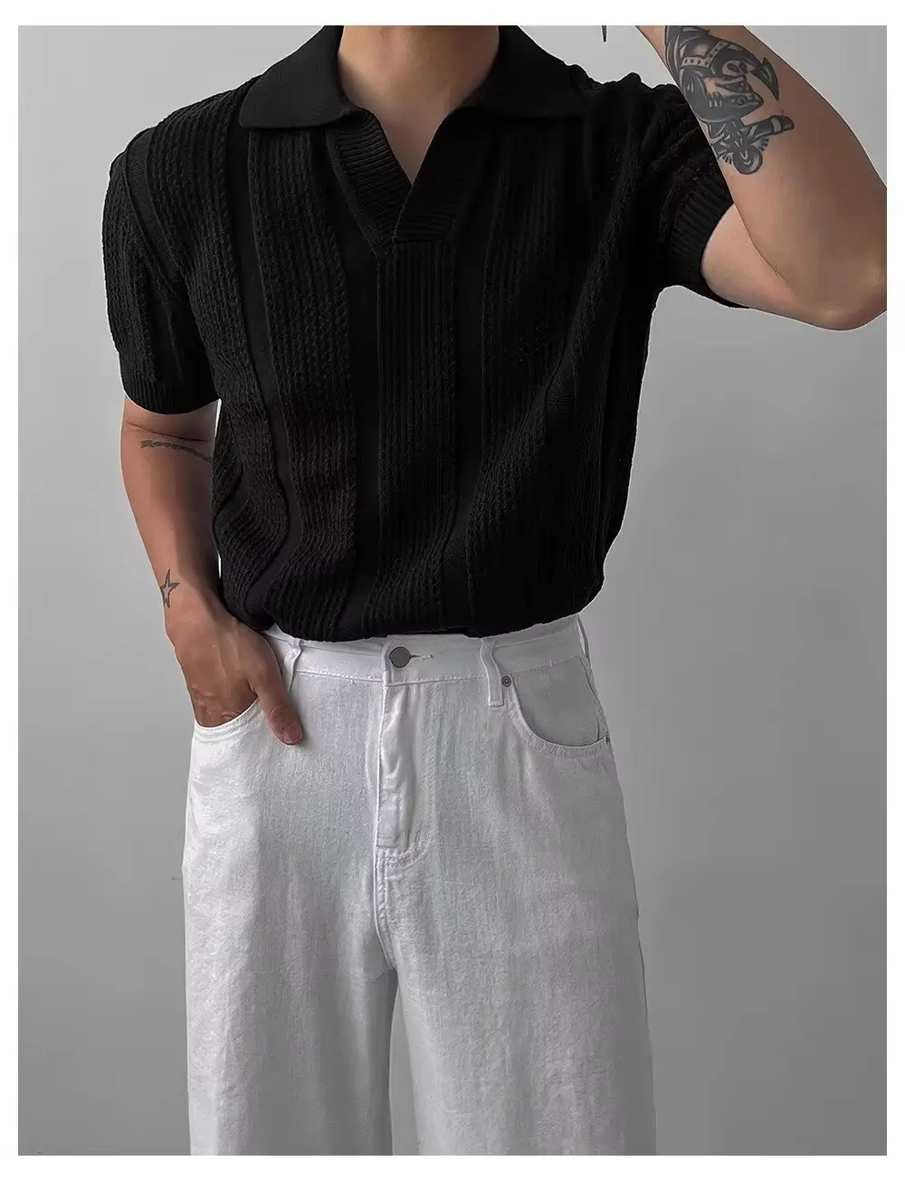 Men Navy Knit Hollow Polo Shirt Half Sleeve — feature 16