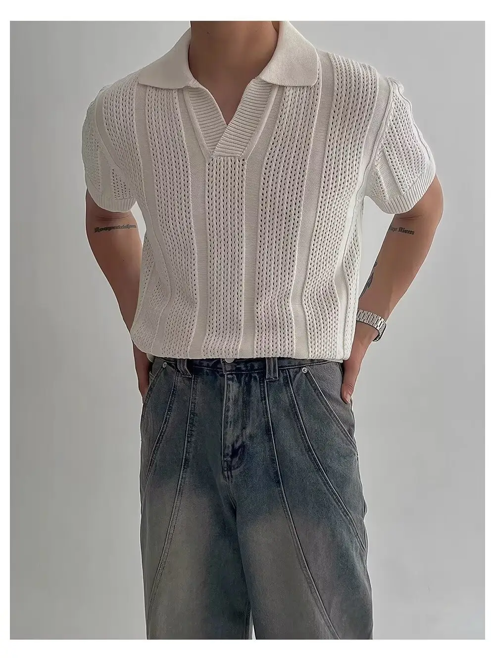 Men Navy Knit Hollow Polo Shirt Half Sleeve — feature 3