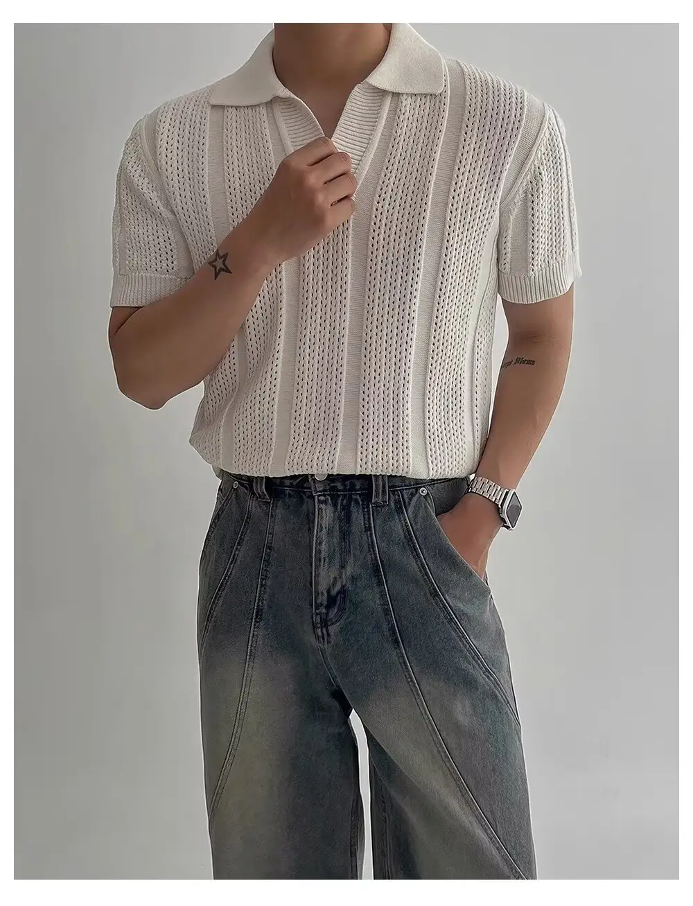 Men Navy Knit Hollow Polo Shirt Half Sleeve — feature 5