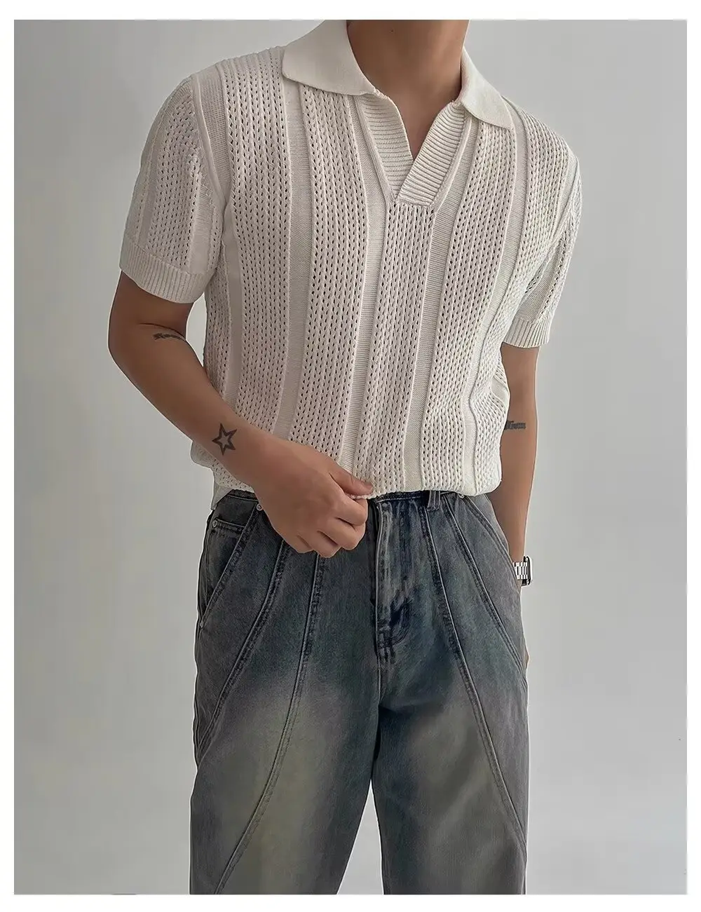 Men Navy Knit Hollow Polo Shirt Half Sleeve — feature 6