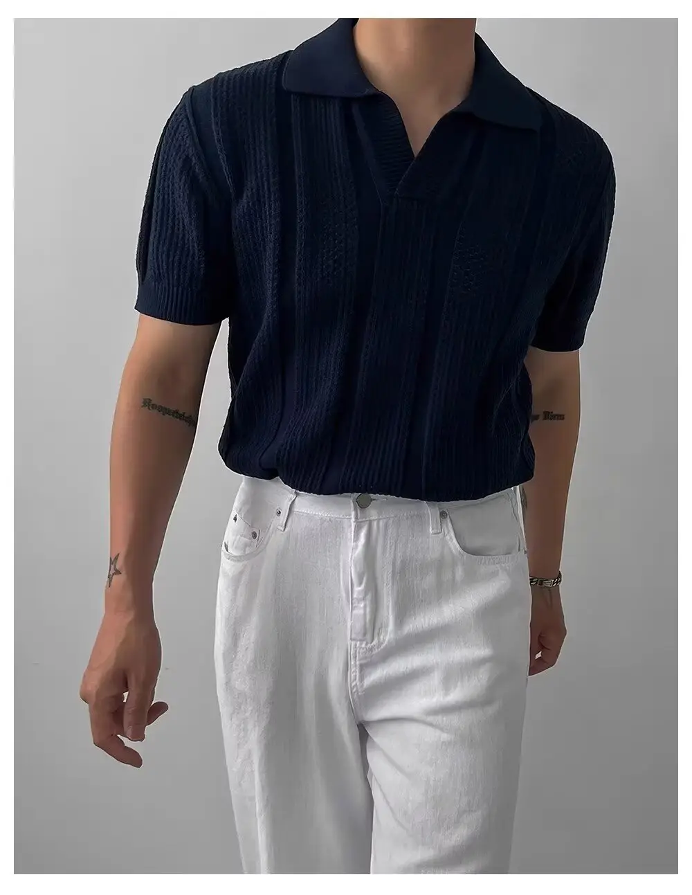 Men Navy Knit Hollow Polo Shirt Half Sleeve — feature 9