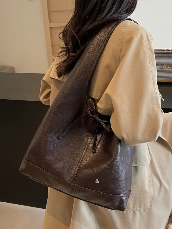 Large Capacity Women's Tote Bag Brown Leather Winter Shoulder