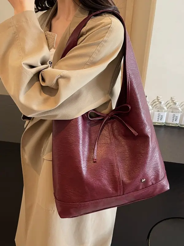 Large Capacity Women's Tote Bag Brown Leather Winter Shoulder