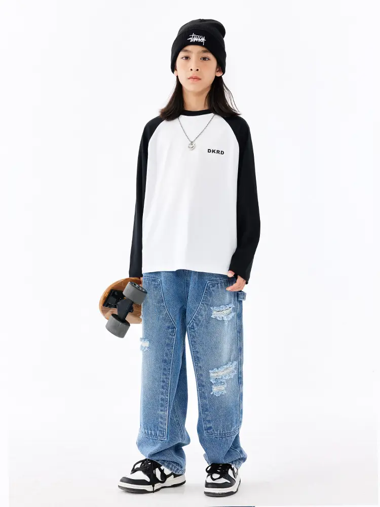 Retro American Style Kids T-Shirt White Black Cotton Big Size - Image 7