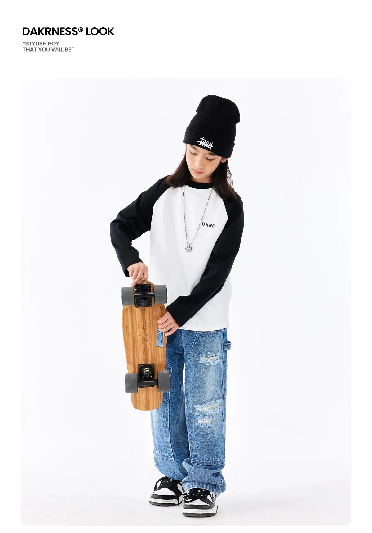 Retro American Style Kids T-Shirt White Black Cotton Big Size — feature 15