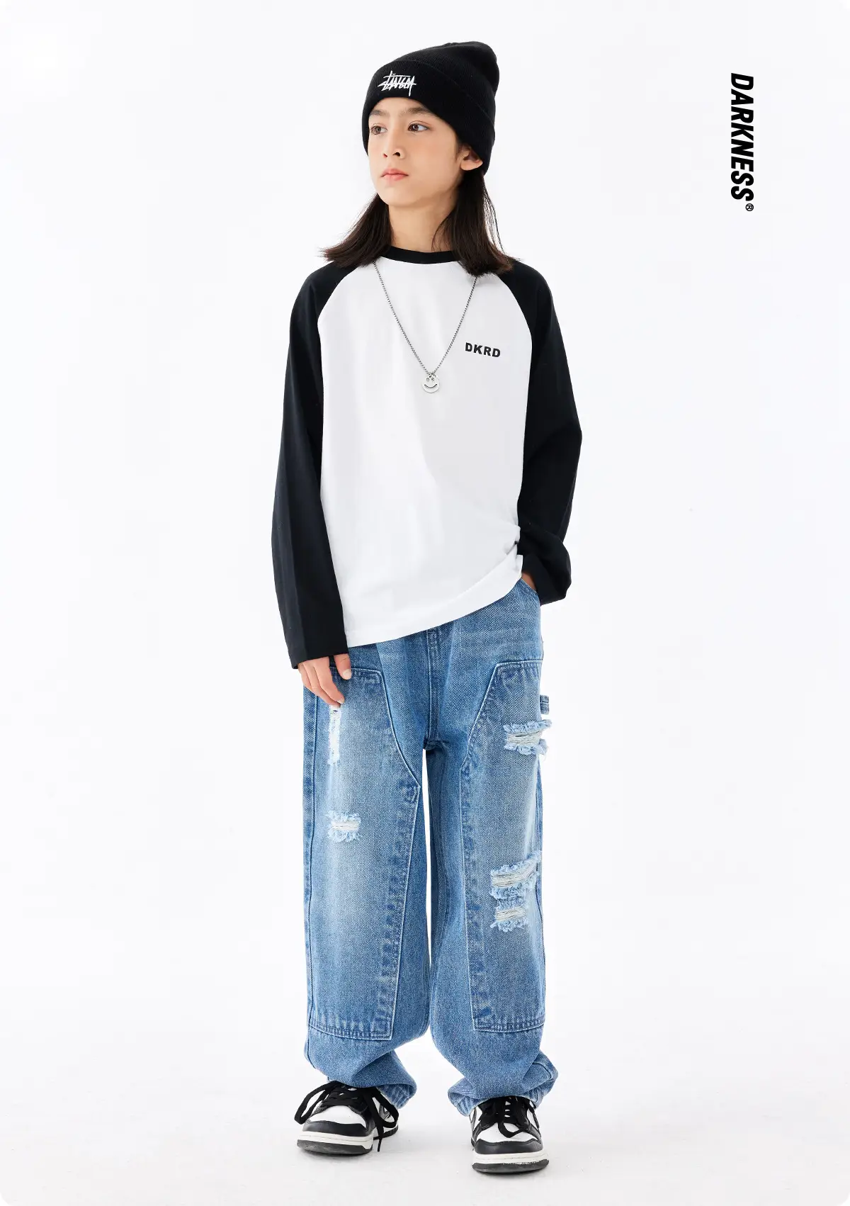 Retro American Style Kids T-Shirt White Black Cotton Big Size — feature 2