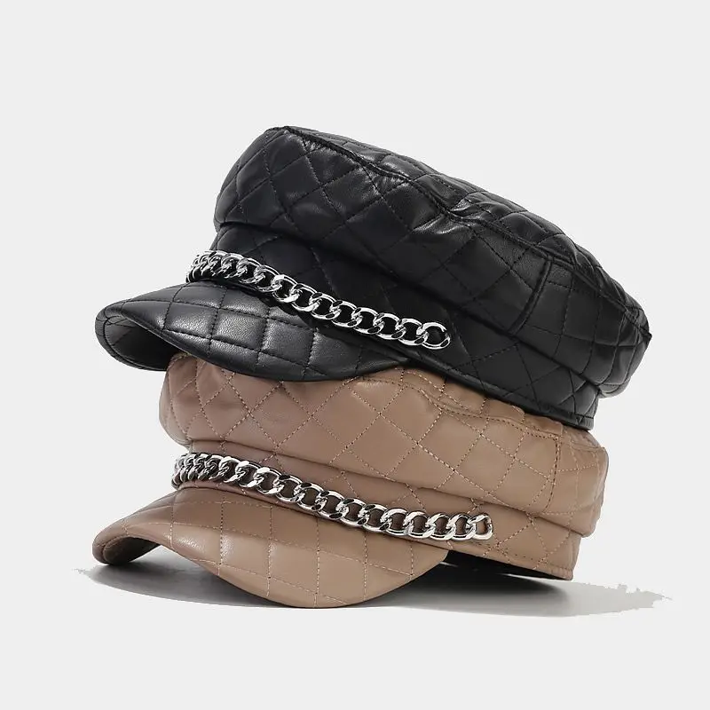 Navy Plaid Chain Cap for Women Winter Army Style - Image 14