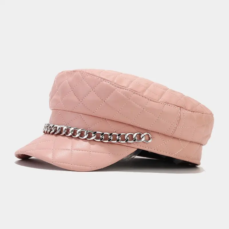 Navy Plaid Chain Cap for Women Winter Army Style - Image 2