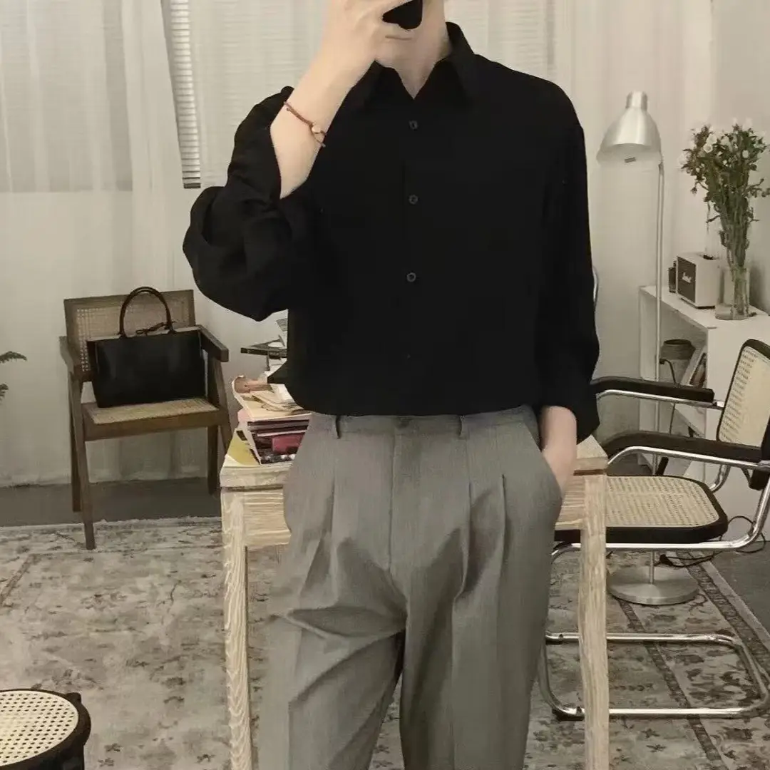 Men's Long Sleeve Black Shirt with Grey Pants - Image 7