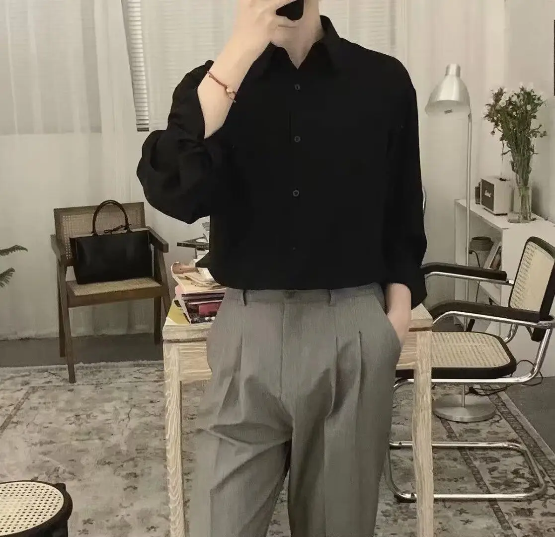 Men's Long Sleeve Black Shirt with Grey Pants — feature 5