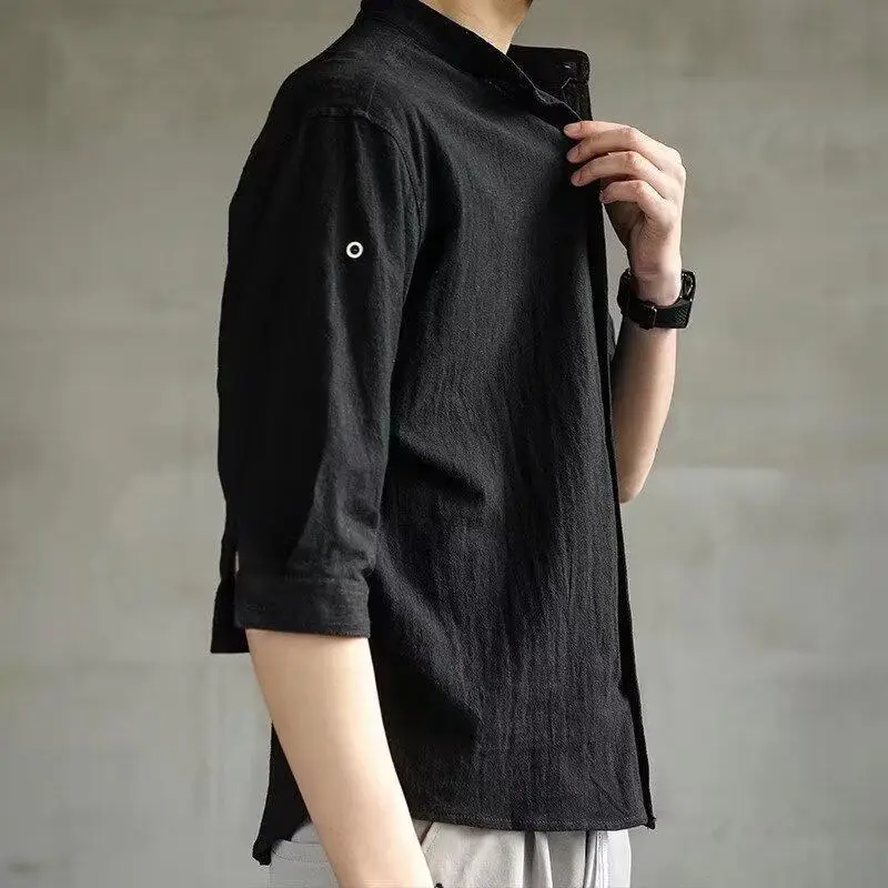 Men Linen Button-Up Shirt White Loose Casual - Image 5