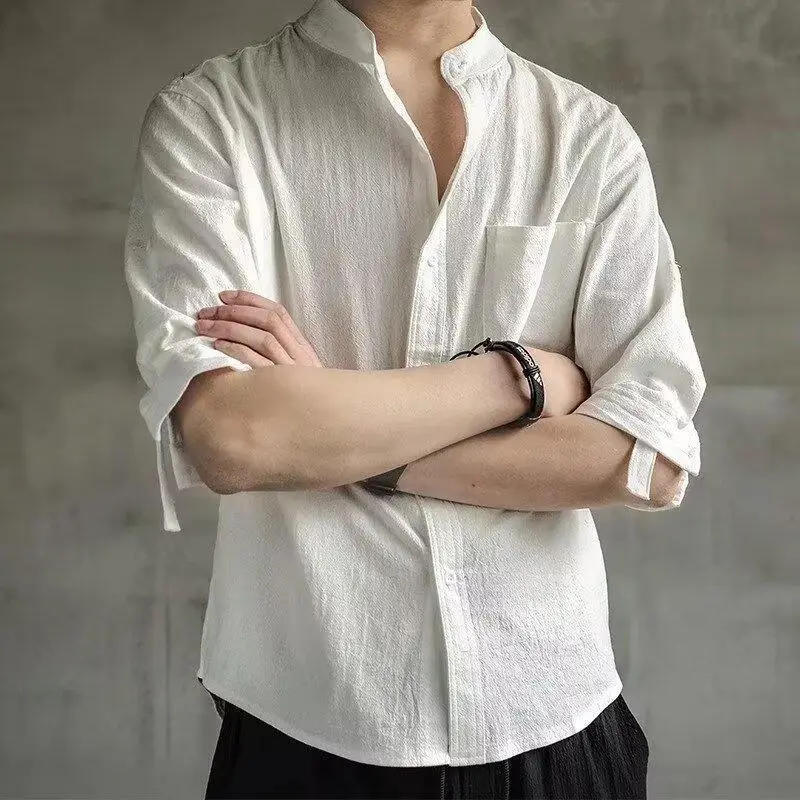 Men Linen Button-Up Shirt White Loose Casual - Image 6