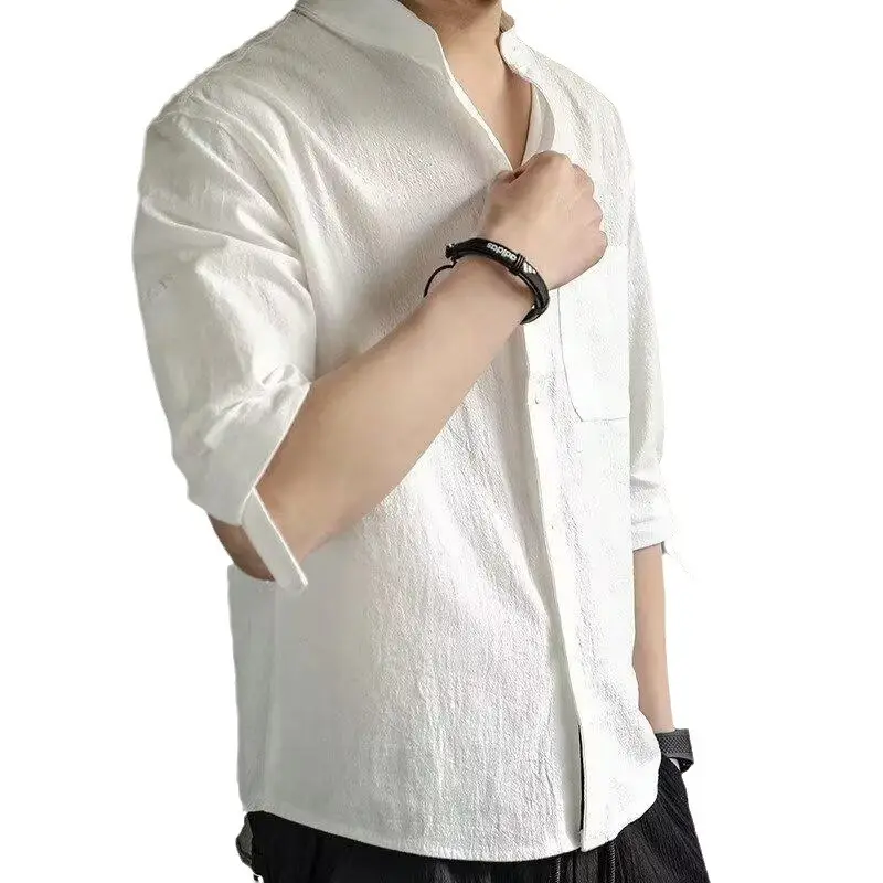 Men Linen Button-Up Shirt White Loose Casual - Image 7