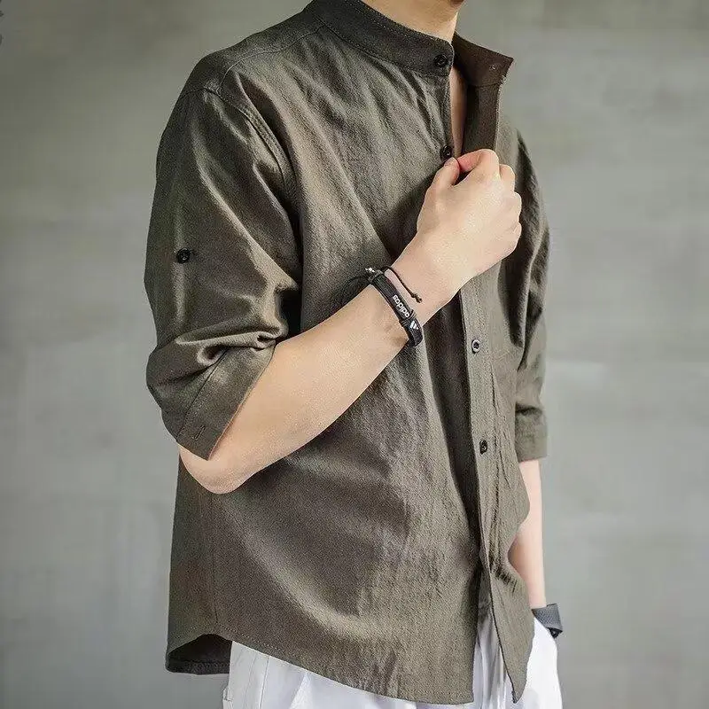 Men Linen Button-Up Shirt White Loose Casual — feature 4