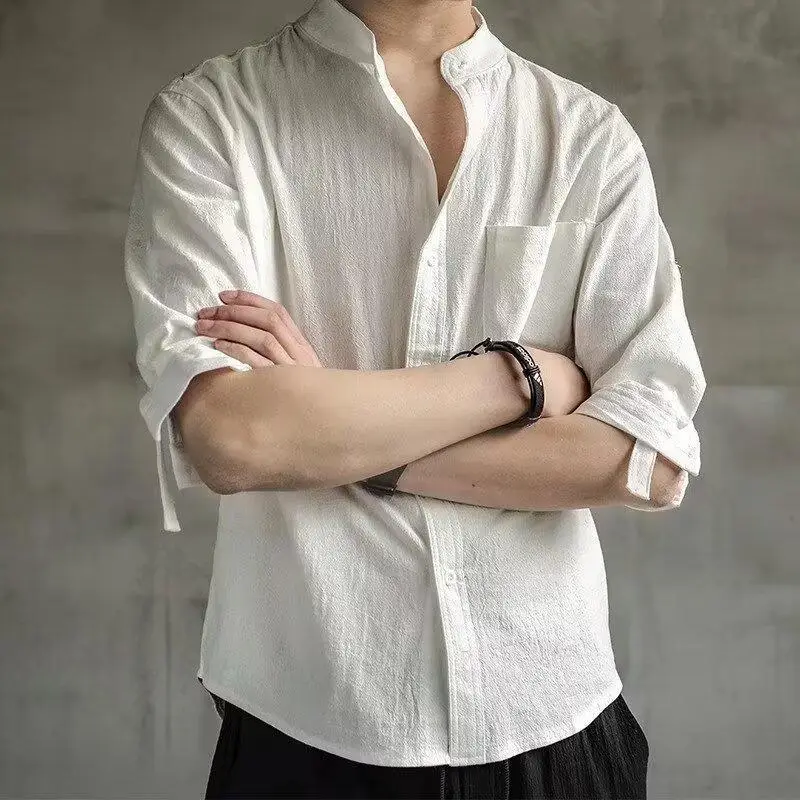 Men Linen Button-Up Shirt White Loose Casual - Image 2