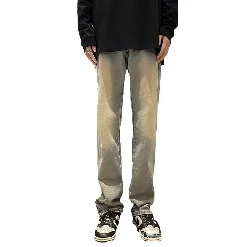 Men's American Style Washed Straight Jeans Yellow Mud Dyed - Image 5