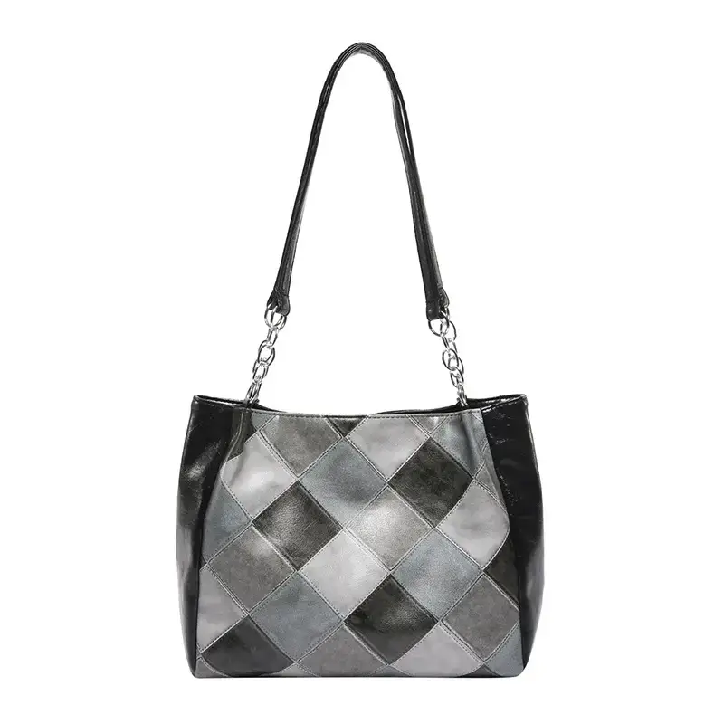 Women's Checkered Shoulder Bag Large Capacity Black Grey - Image 10
