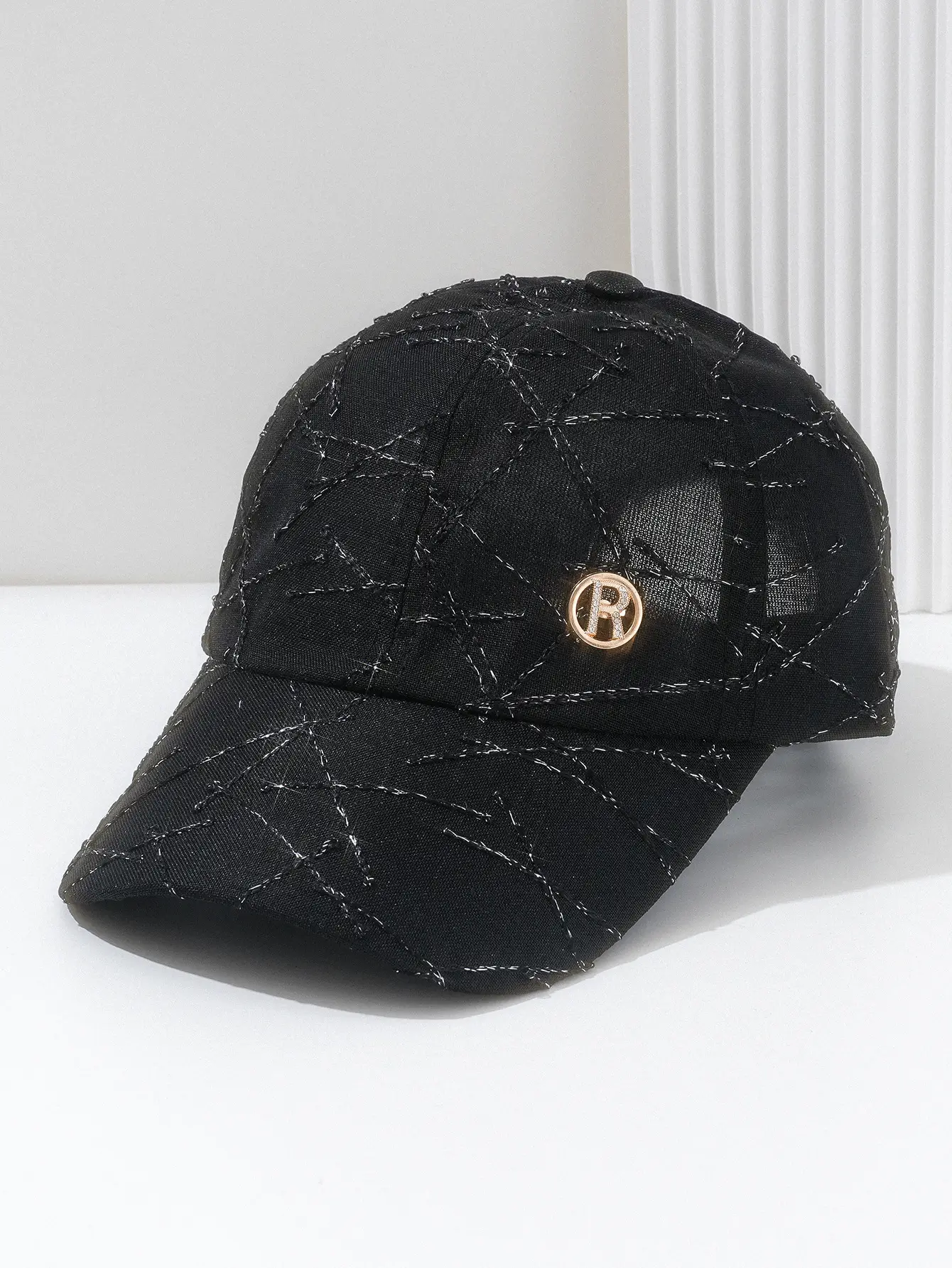 Black Quilted Hip-hop Cap with Metal Logo — feature 3