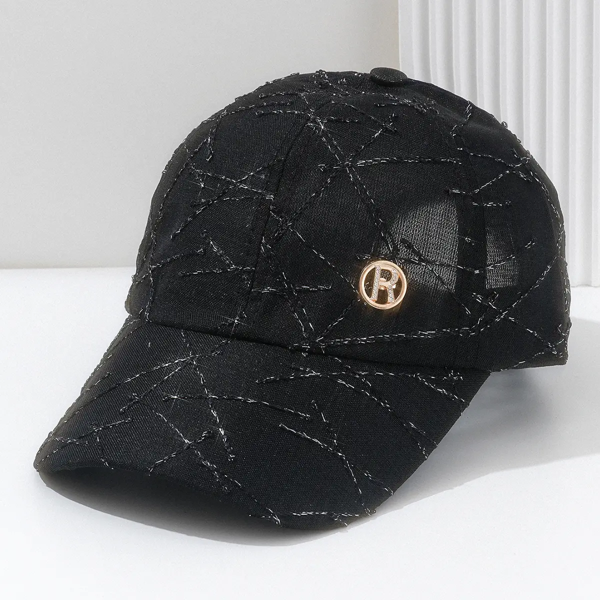 Black Quilted Hip-hop Cap with Metal Logo - Image 2