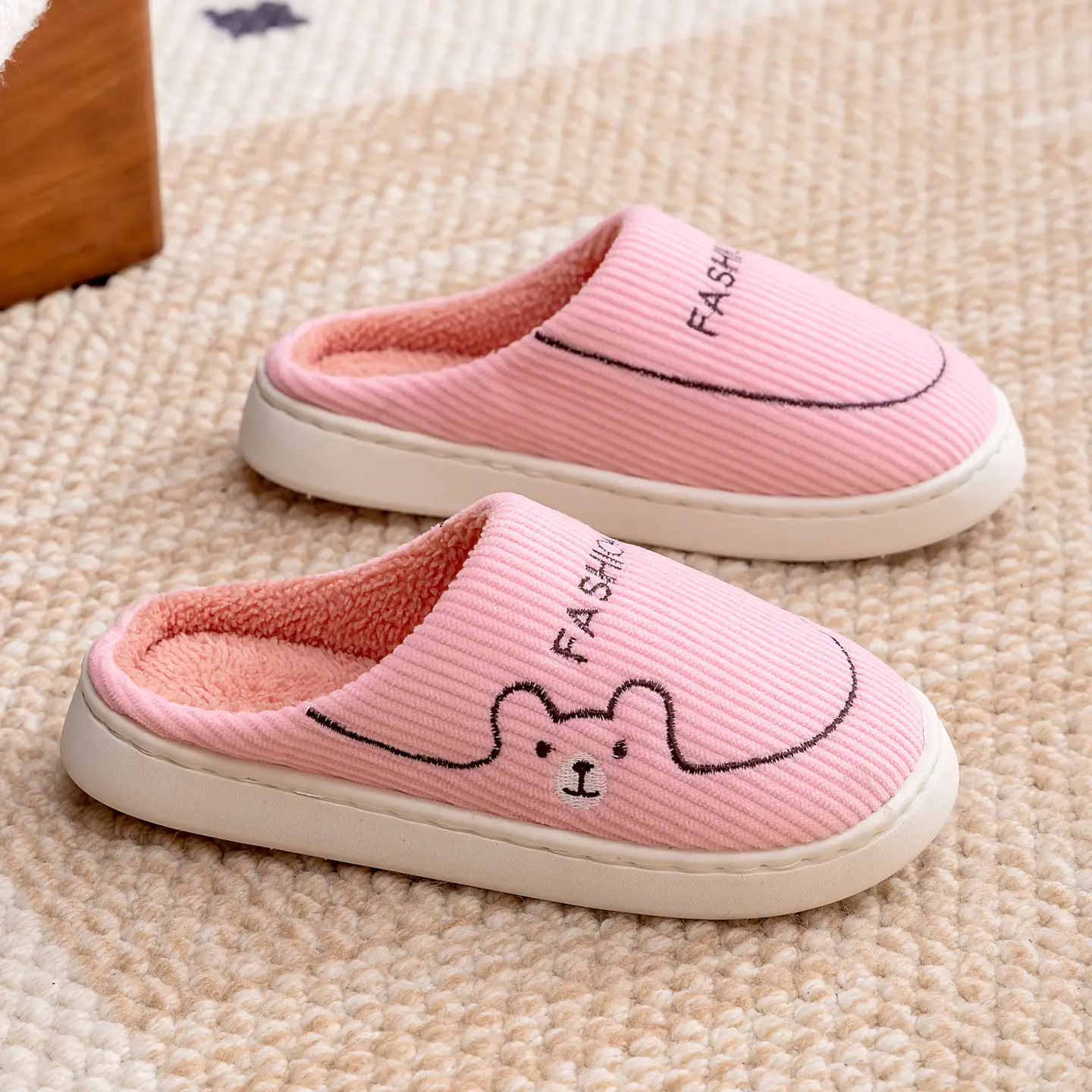 Pink Cotton Warm Slippers for Women Men Autumn Winter - Image 3