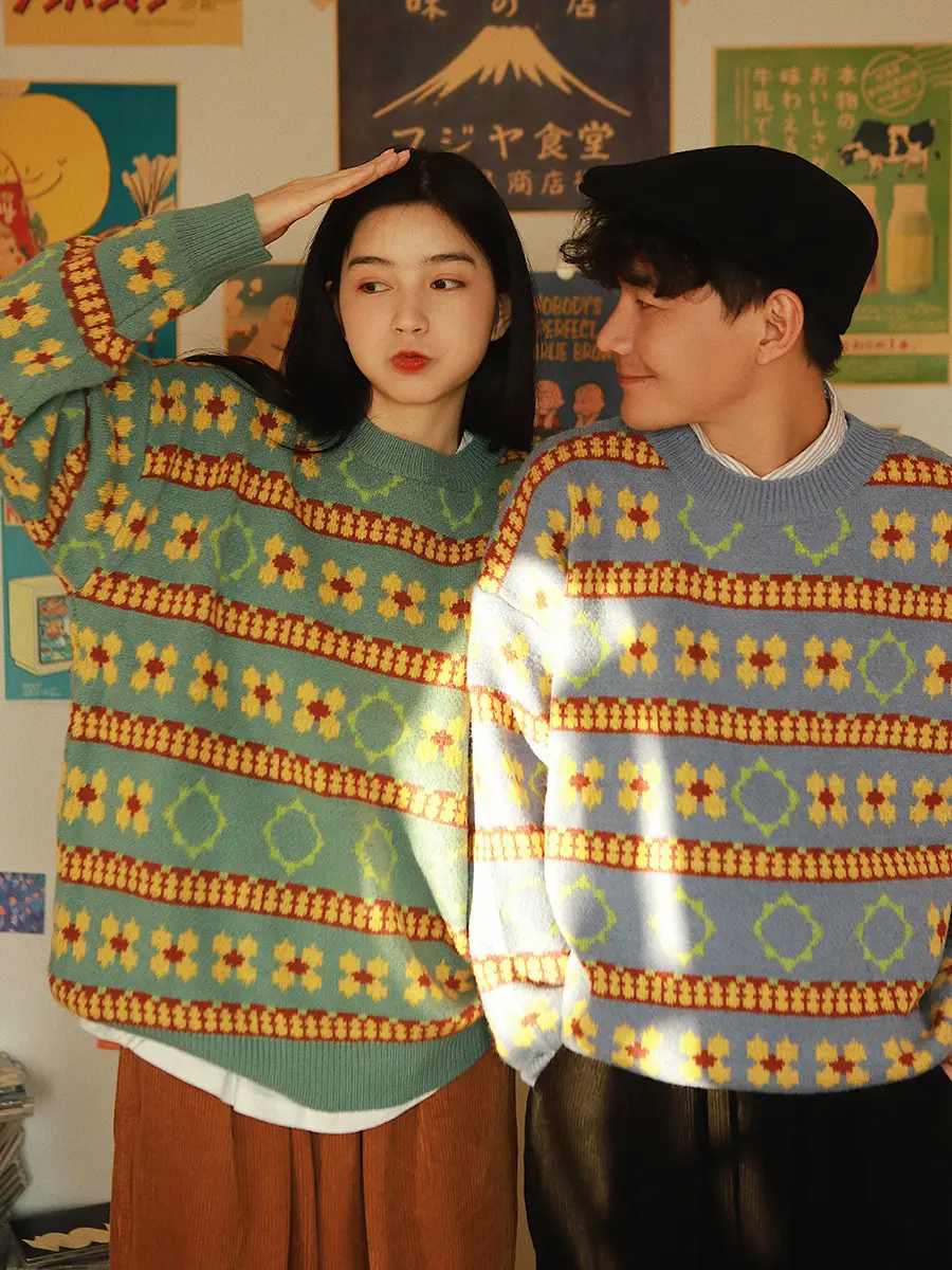 Men's Retro Mori Style Sweater Outfit Blue Orange Winter Wear