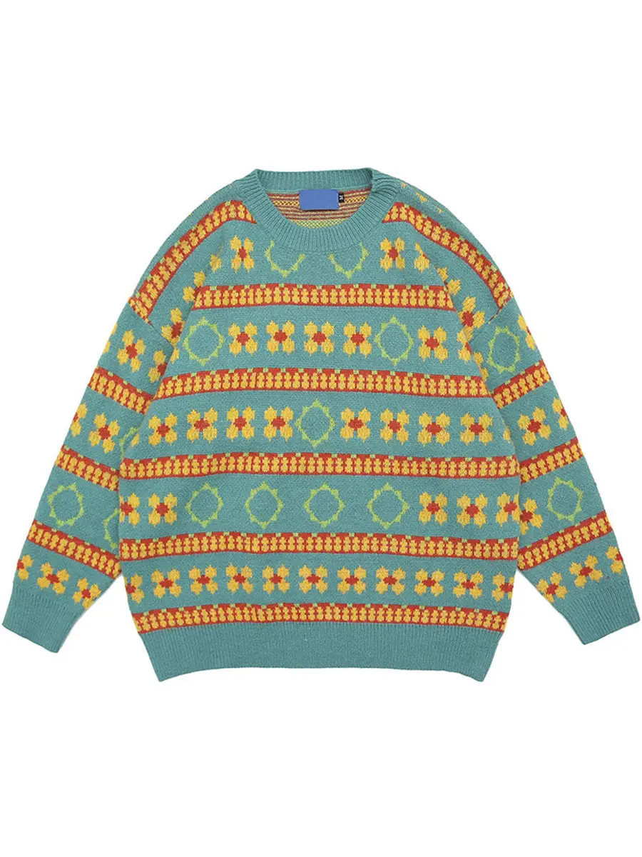 Men's Retro Mori Style Sweater Outfit Blue Orange Winter Wear