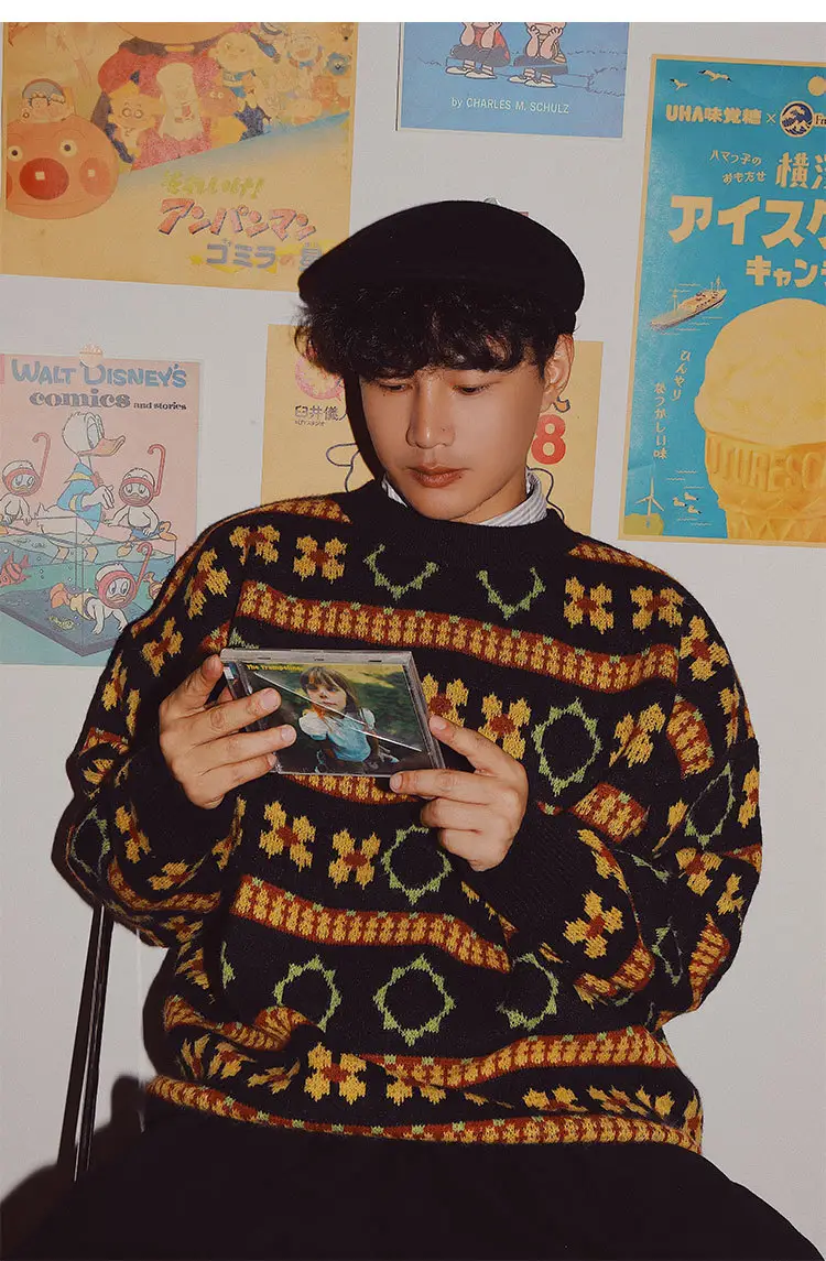 Men's Retro Mori Style Sweater Outfit Blue Orange Winter Wear — feature 10