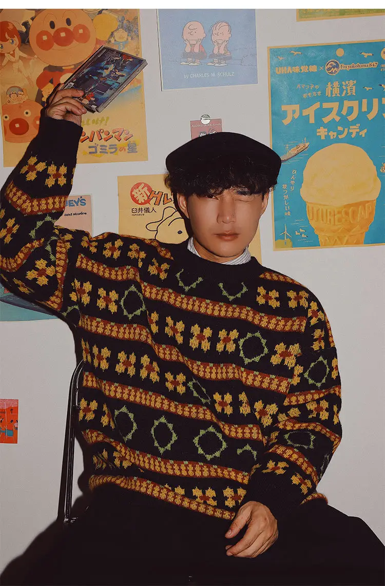Men's Retro Mori Style Sweater Outfit Blue Orange Winter Wear — feature 11