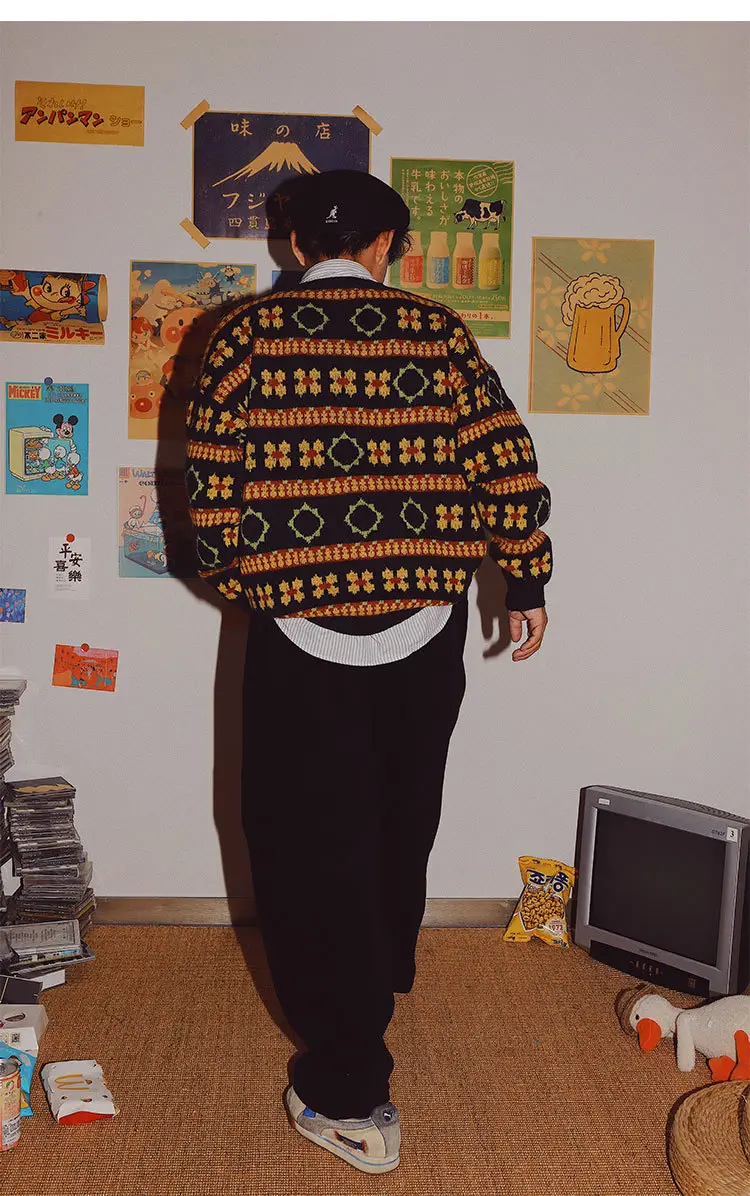 Men's Retro Mori Style Sweater Outfit Blue Orange Winter Wear — feature 12