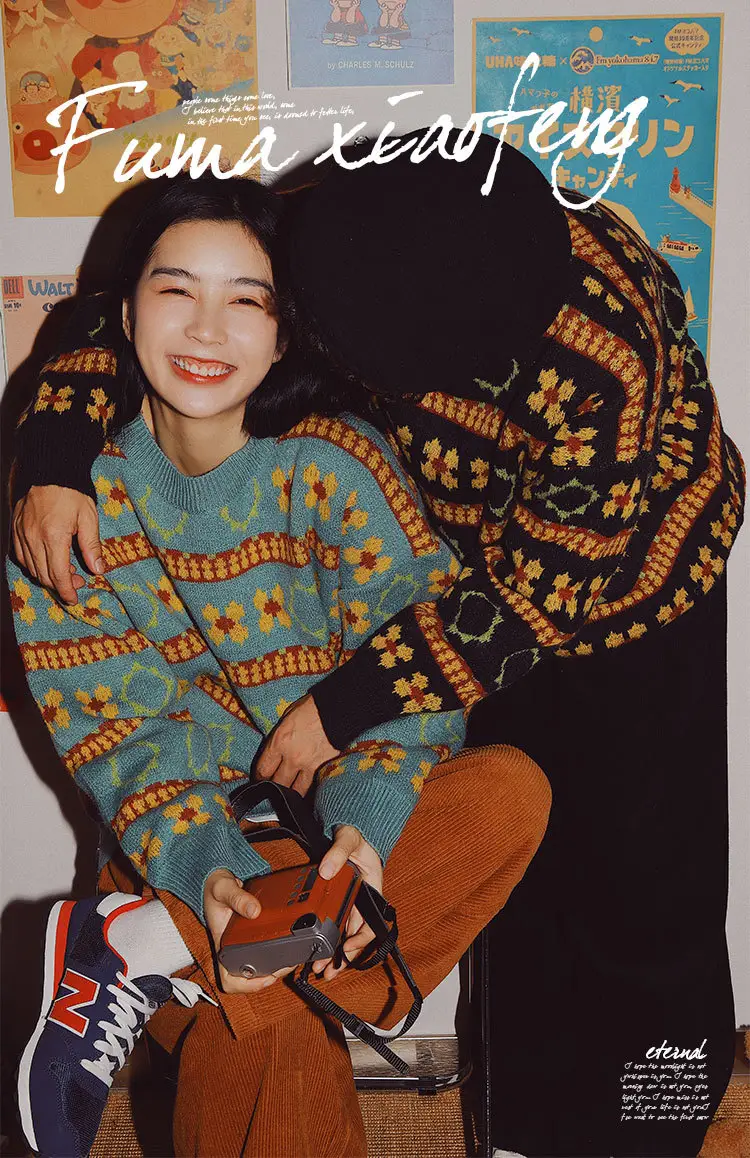 Men's Retro Mori Style Sweater Outfit Blue Orange Winter Wear — feature 3