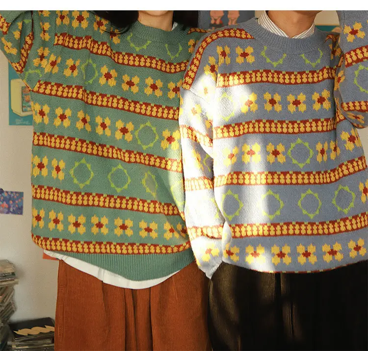 Men's Retro Mori Style Sweater Outfit Blue Orange Winter Wear — feature 4