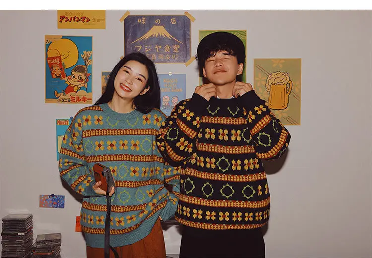 Men's Retro Mori Style Sweater Outfit Blue Orange Winter Wear — feature 8