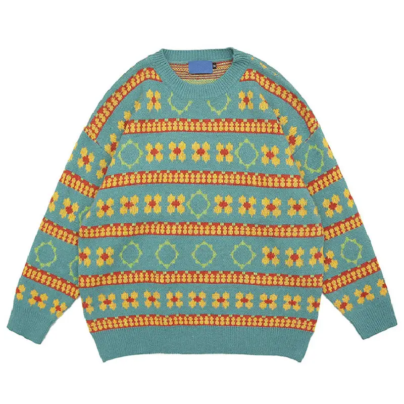 Men's Retro Mori Style Sweater Outfit Blue Orange Winter Wear