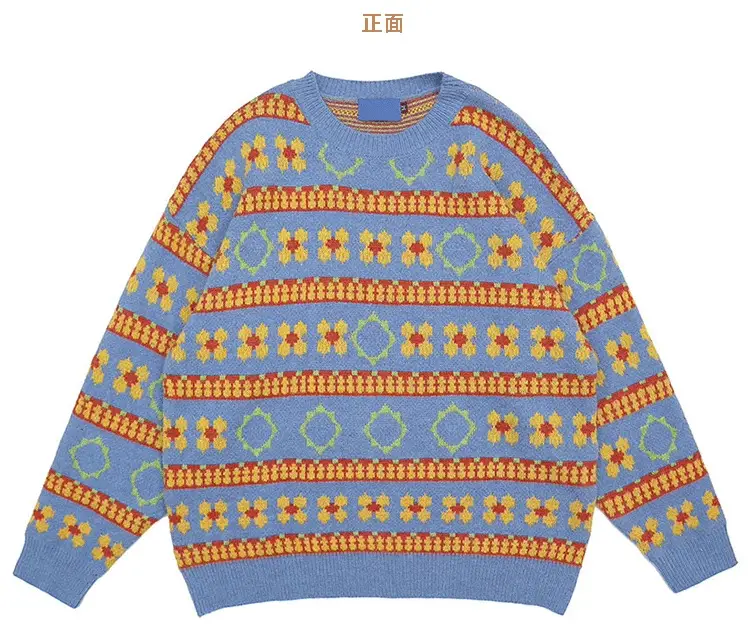 Men's Retro Mori Style Sweater Outfit Blue Orange Winter Wear