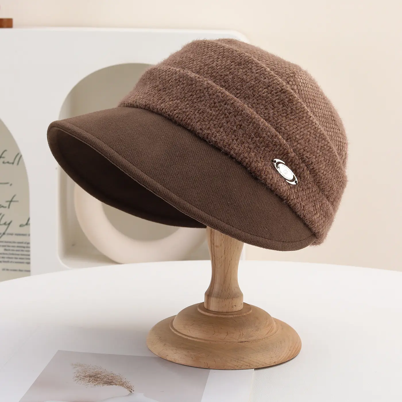 Korean Style Knitted Fisherman Hat for Women Brown Black