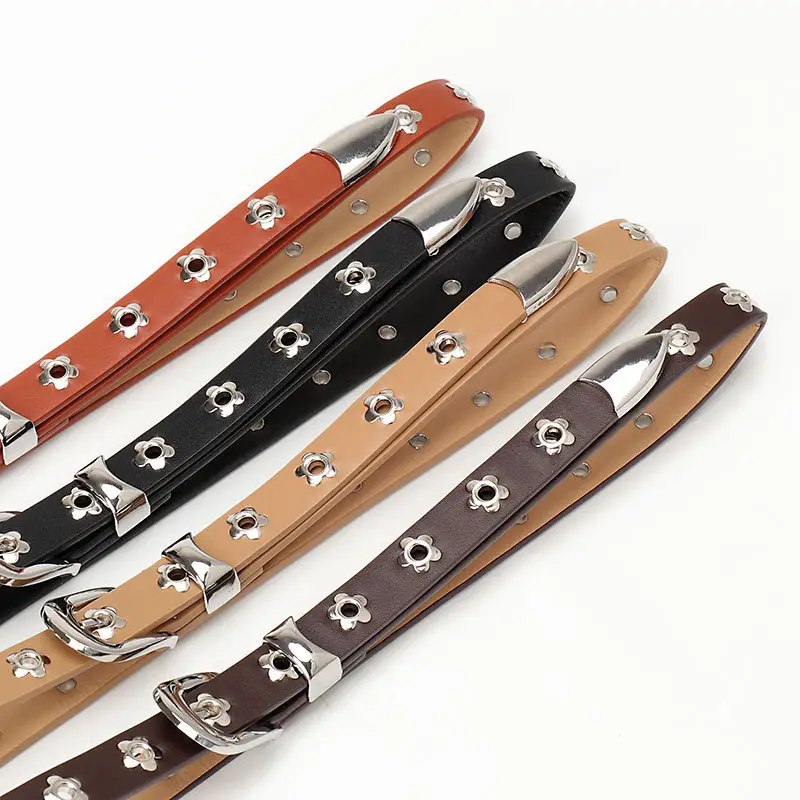 Women's Silver Buckle Leather Belt with Flower Embellishment