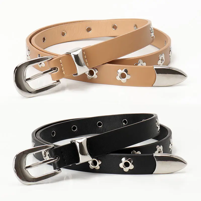 Women's Silver Buckle Leather Belt with Flower Embellishment