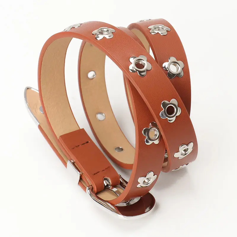 Women's Silver Buckle Leather Belt with Flower Embellishment