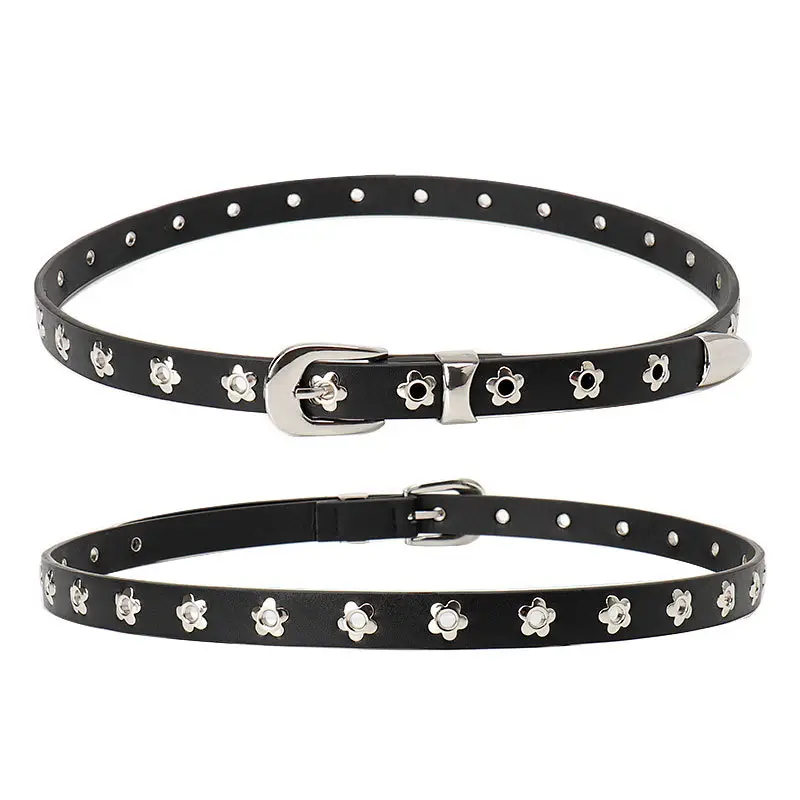 Women's Silver Buckle Leather Belt with Flower Embellishment