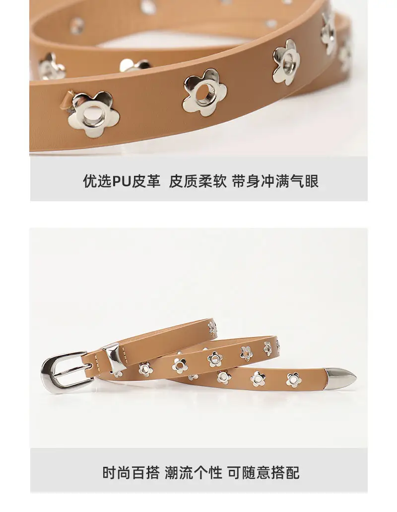 Women's Silver Buckle Leather Belt with Flower Embellishment — feature 11